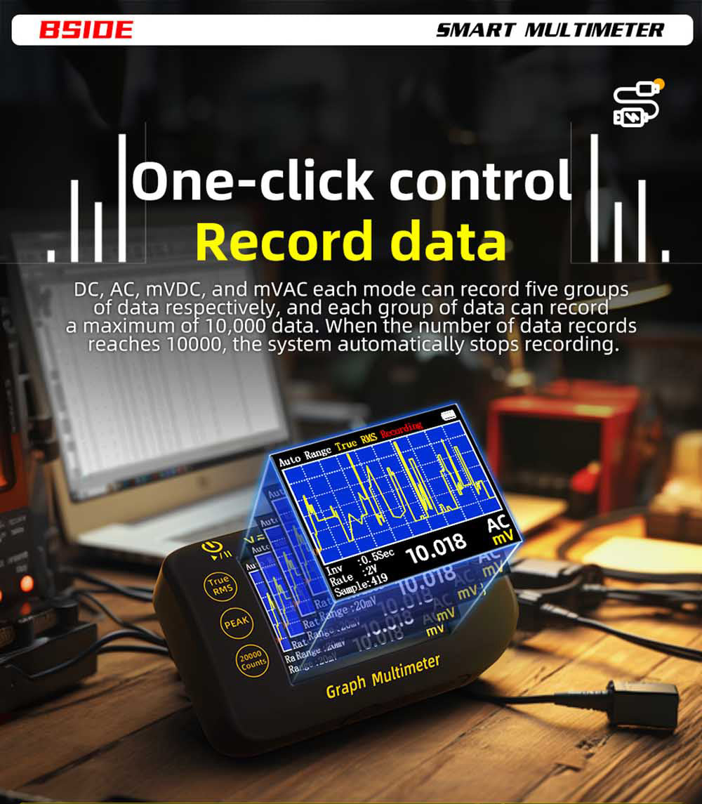 Digitálny multimeter BSIDE S450, 20000 meraní, 1000V, 2,8" LCD displej, grafické záznamy, port Type-C na nabíjanie, fotovoltaické napätie, milivoltový striedavý vrcholový merač