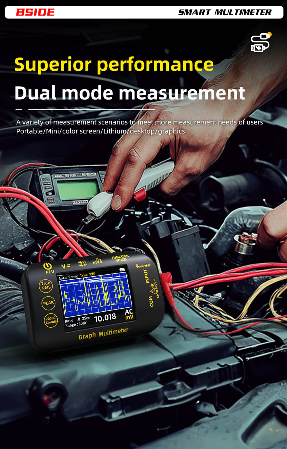 Digitálny multimeter BSIDE S450, 20000 meraní, 1000V, 2,8" LCD displej, grafické záznamy, port Type-C na nabíjanie, fotovoltaické napätie, milivoltový striedavý vrcholový merač