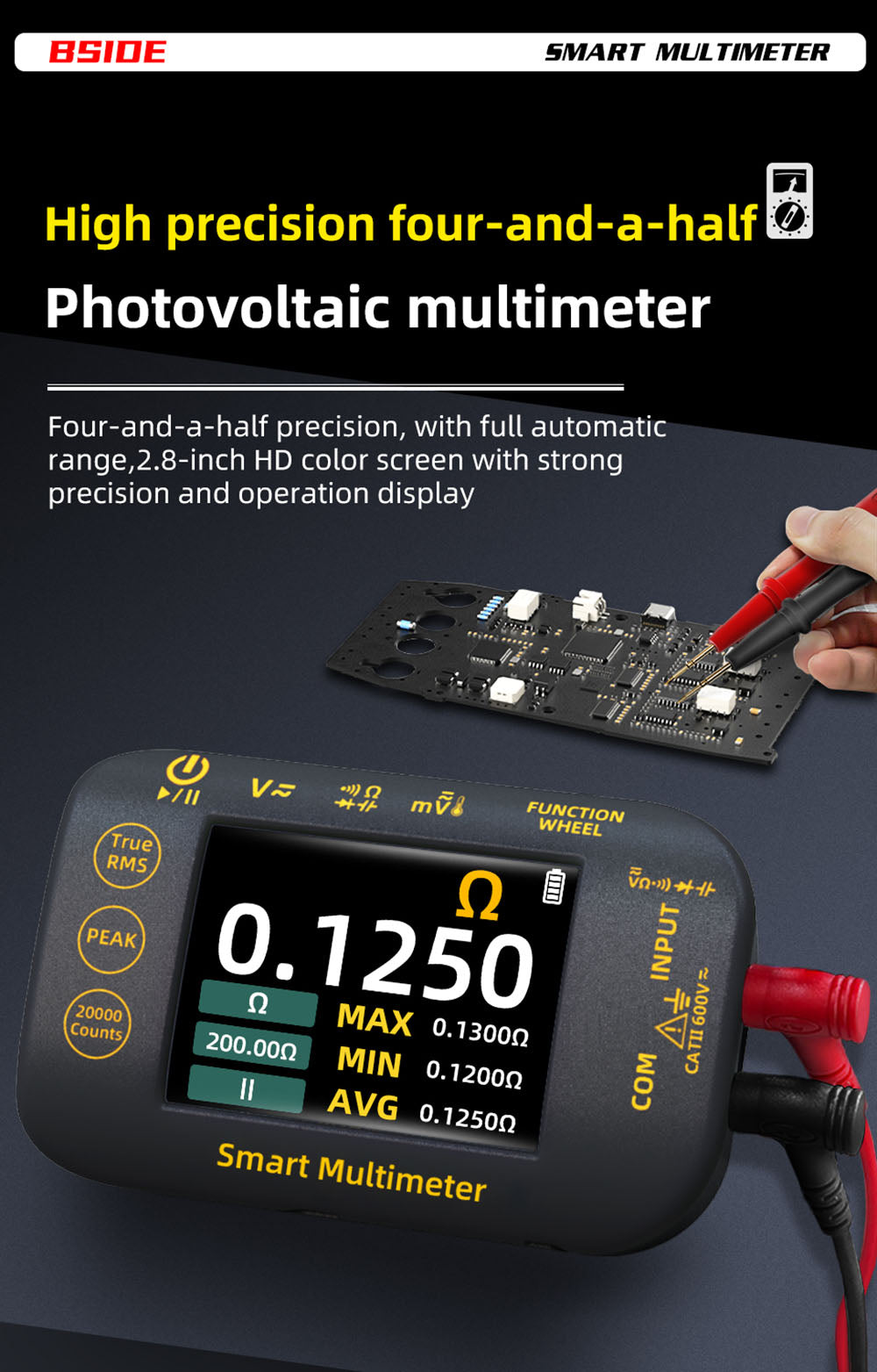 Digitálny multimeter BSIDE S450, 20000 meraní, 1000V, 2,8" LCD displej, grafické záznamy, port Type-C na nabíjanie, fotovoltaické napätie, milivoltový striedavý vrcholový merač