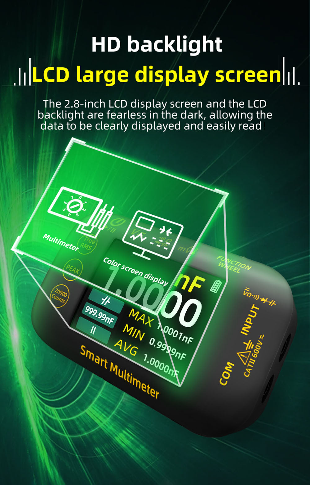 Digitálny multimeter BSIDE S450, 20000 meraní, 1000V, 2,8" LCD displej, grafické záznamy, port Type-C na nabíjanie, fotovoltaický napäťový milivoltový striedavý špičkový merač