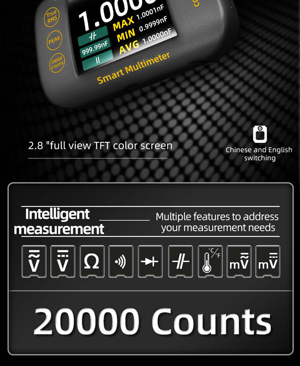 Digitálny multimeter BSIDE S450, 20000 meraní, 1000V, 2,8" LCD displej, grafické záznamy, port Type-C na nabíjanie, fotovoltaické napätie, milivoltový striedavý vrcholový merač