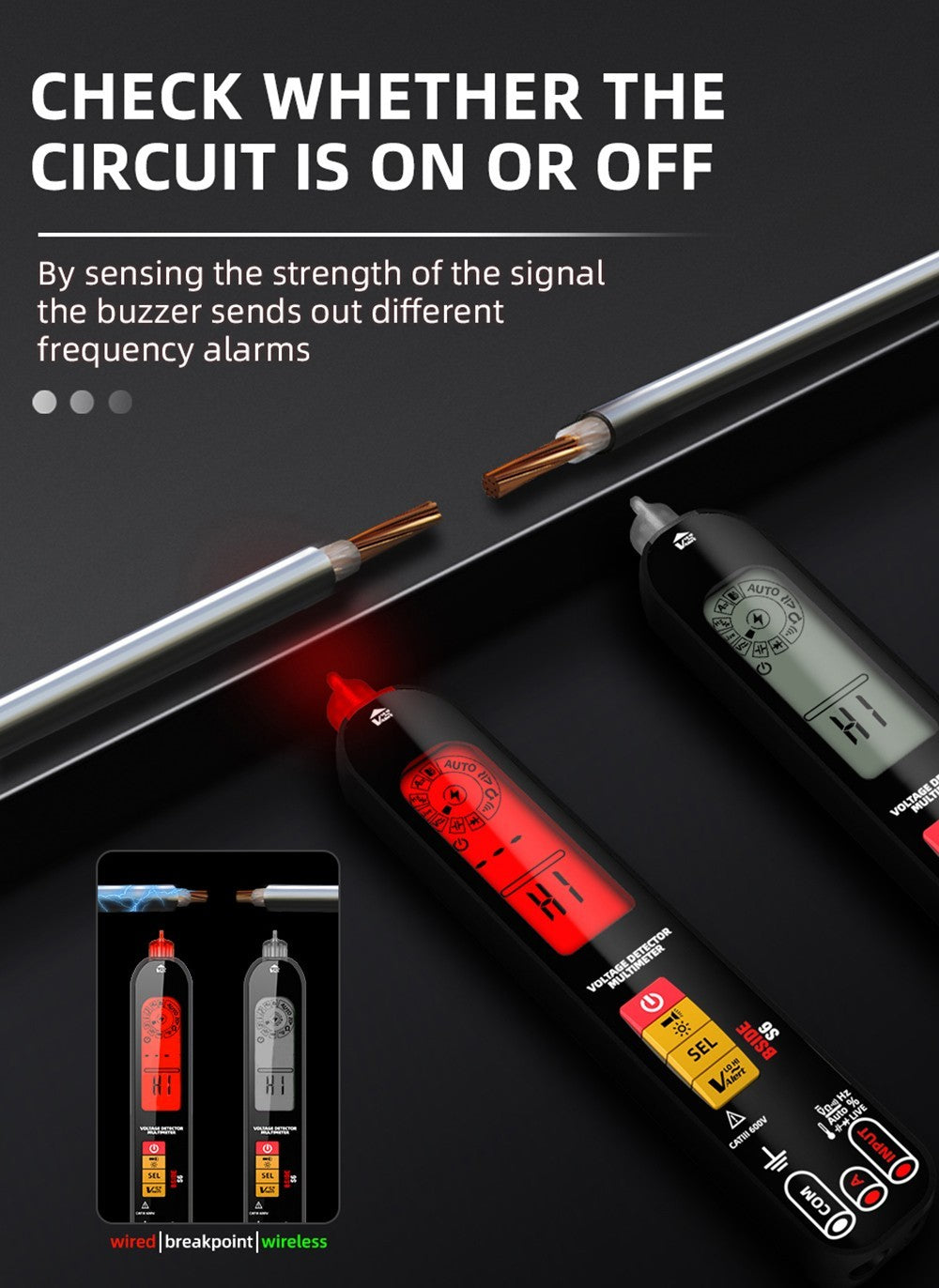 Multimeterový detektor napětí BSIDE S6, pero na detekci napětí, tester napětí střídavého/stejnosměrného proudu – černá