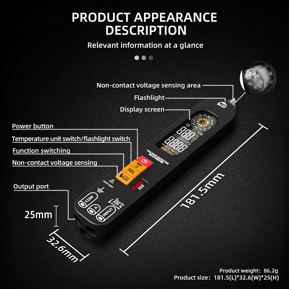Inteligentný multimeter BSIDE S6X, farebný displej EBTN, multimeter na meranie napätia, prúdu a kapacity v podobe pera, dobíjací 400mAh Li-ion akumulátor.
