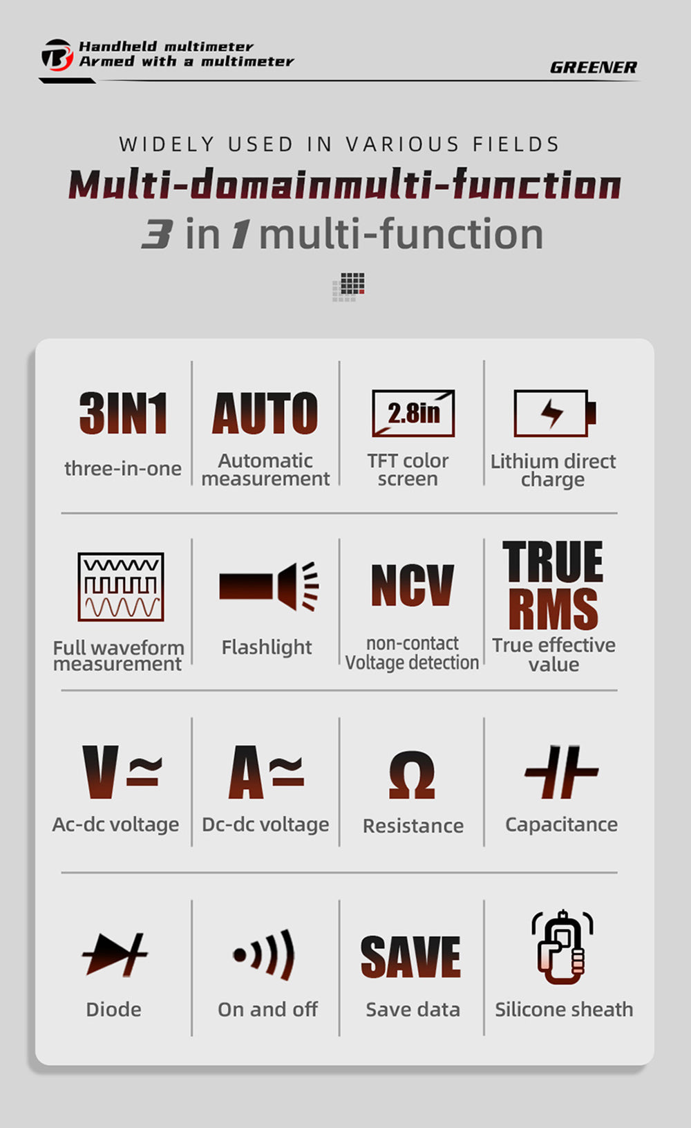 Digitálny multimeter BSIDE S8, pero typu, inteligentný detektor napätia, bezkontaktný merač, displej EBTN, tester prúdu AC/DC, diódy - zelený