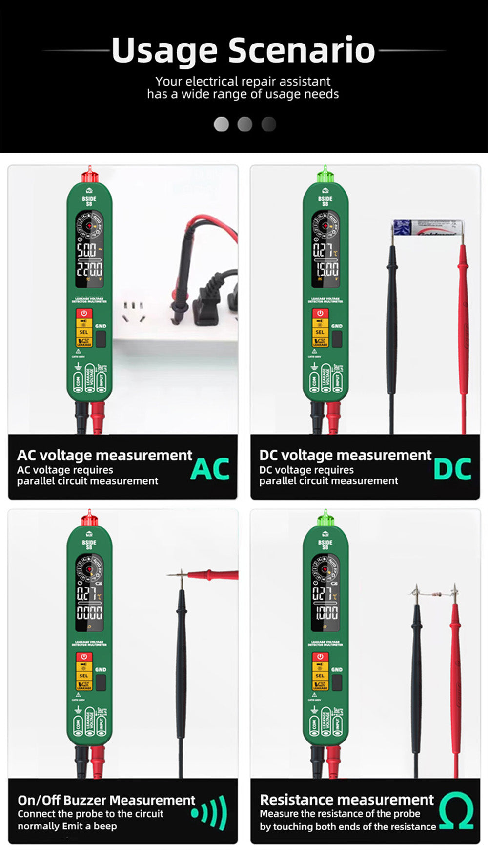 Digitálny multimeter BSIDE S8, pero typu, inteligentný detektor napätia, bezkontaktný merač, displej EBTN, tester prúdu AC/DC, diódy - zelený