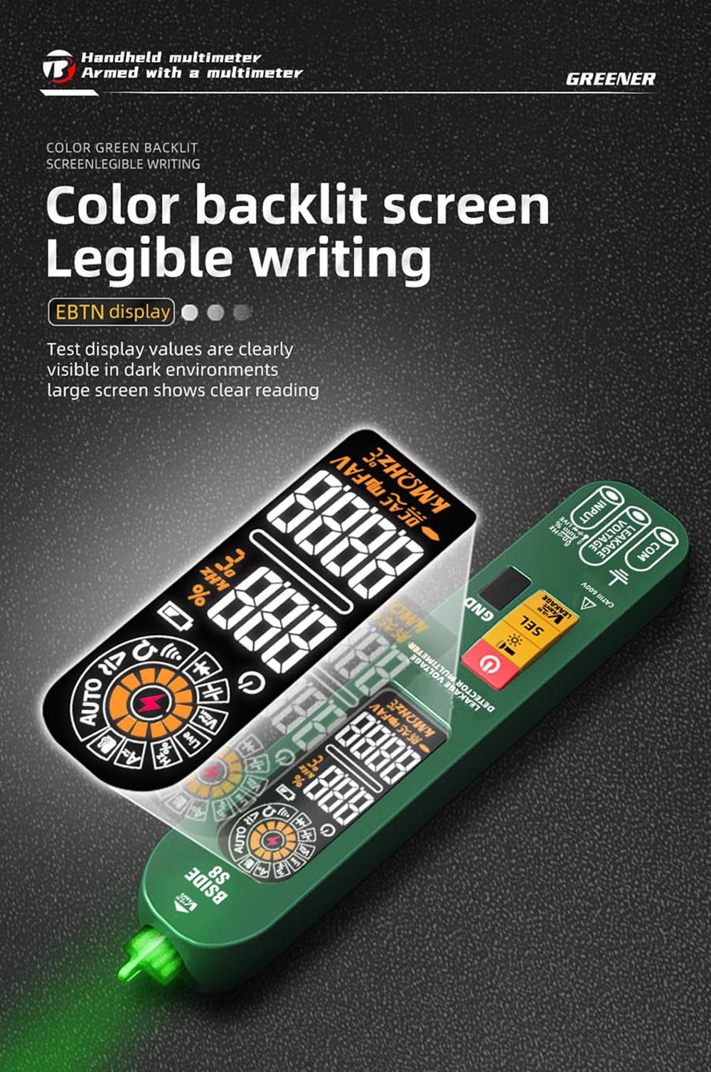 Digitálny multimeter BSIDE S8, pero typu, inteligentný detektor napätia, bezkontaktný merač, displej EBTN, tester prúdu AC/DC, diódy - zelená
