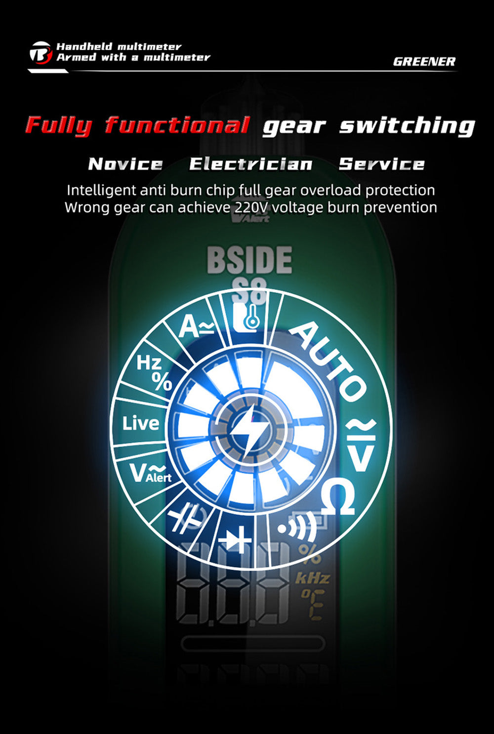 Digitálny multimeter BSIDE S8, pero typu, inteligentný detektor napätia, bezkontaktný merač, displej EBTN, tester prúdu AC/DC, diódy - zelený
