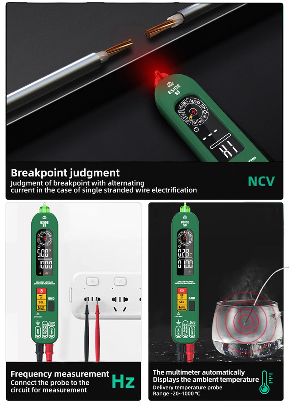 Digitálny multimeter BSIDE S8, pero typu, inteligentný detektor napätia, bezkontaktný merač, displej EBTN, tester prúdu AC/DC, diódy - zelený