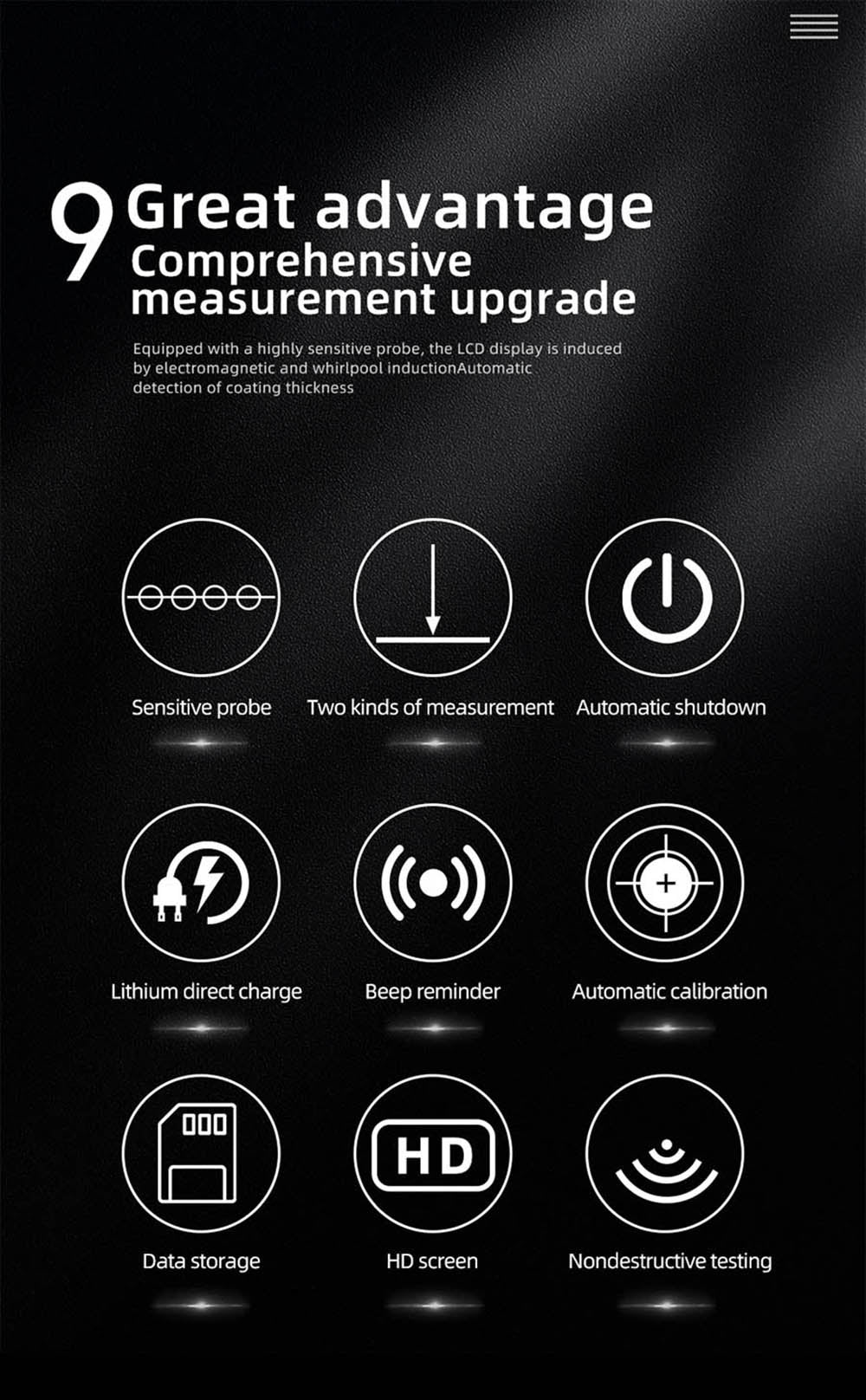 BSIDE T2X merič hrúbky náteru, farebný LCD displej, dobíjateľný tester hrúbky laku na automobily, 0,1 mikrometra/0-1500 μm - čierna