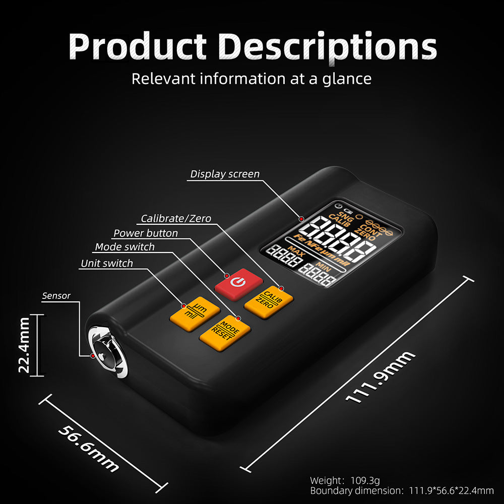 BSIDE T2X merič hrúbky náteru, farebný LCD displej, dobíjací tester hrúbky laku na automobily, 0,1 mikrometru/0-1500 μm - čierna