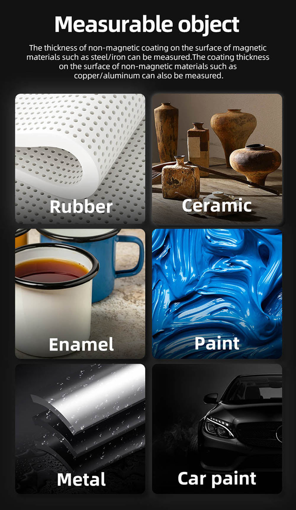 BSIDE T2X merič hrúbky náteru, farebný LCD displej, dobíjateľný tester hrúbky laku na automobily, 0,1 mikrometra/0-1500 μm - čierna