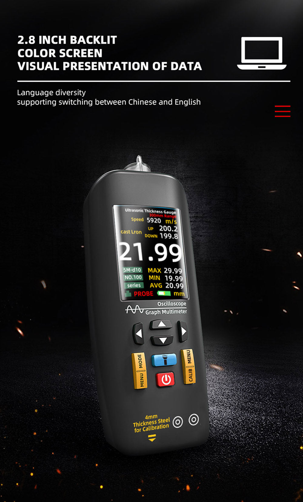 BSIDE T7 ultrazvukový hrúbkomer, rozsah merania 0,01-300 mm, 2,8" TFT farebný displej, s funkciou baterky, 2000 mA lítium-iónová batéria, šedá