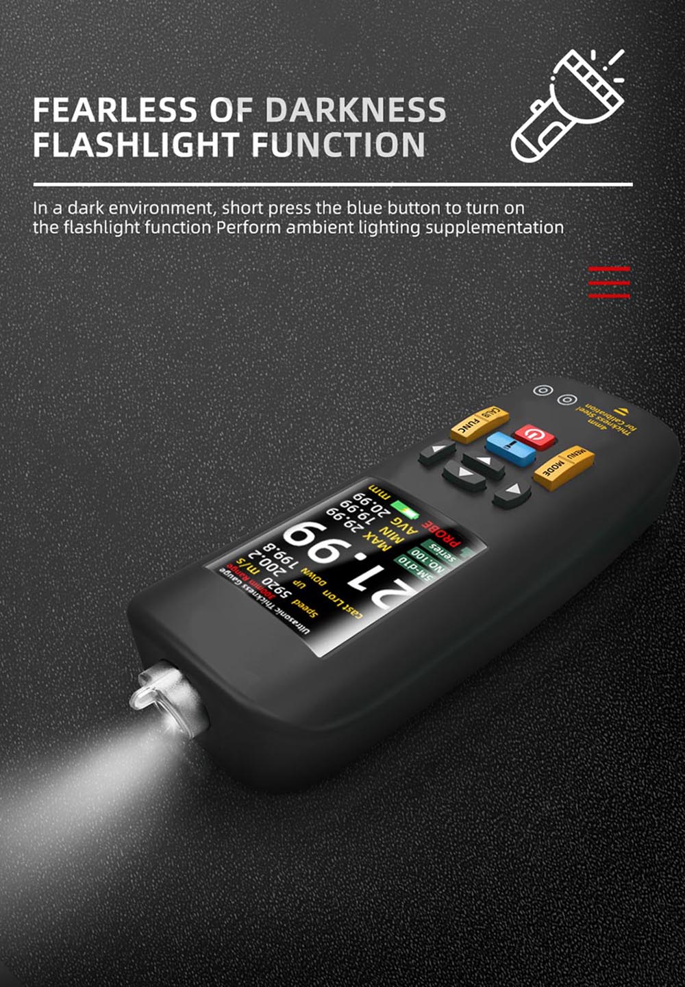 BSIDE T7 ultrazvukový hrúbkomer, rozsah merania 0,01-300 mm, 2,8" TFT farebný displej, s funkciou baterky, 2000 mA lítium-iónová batéria, šedá