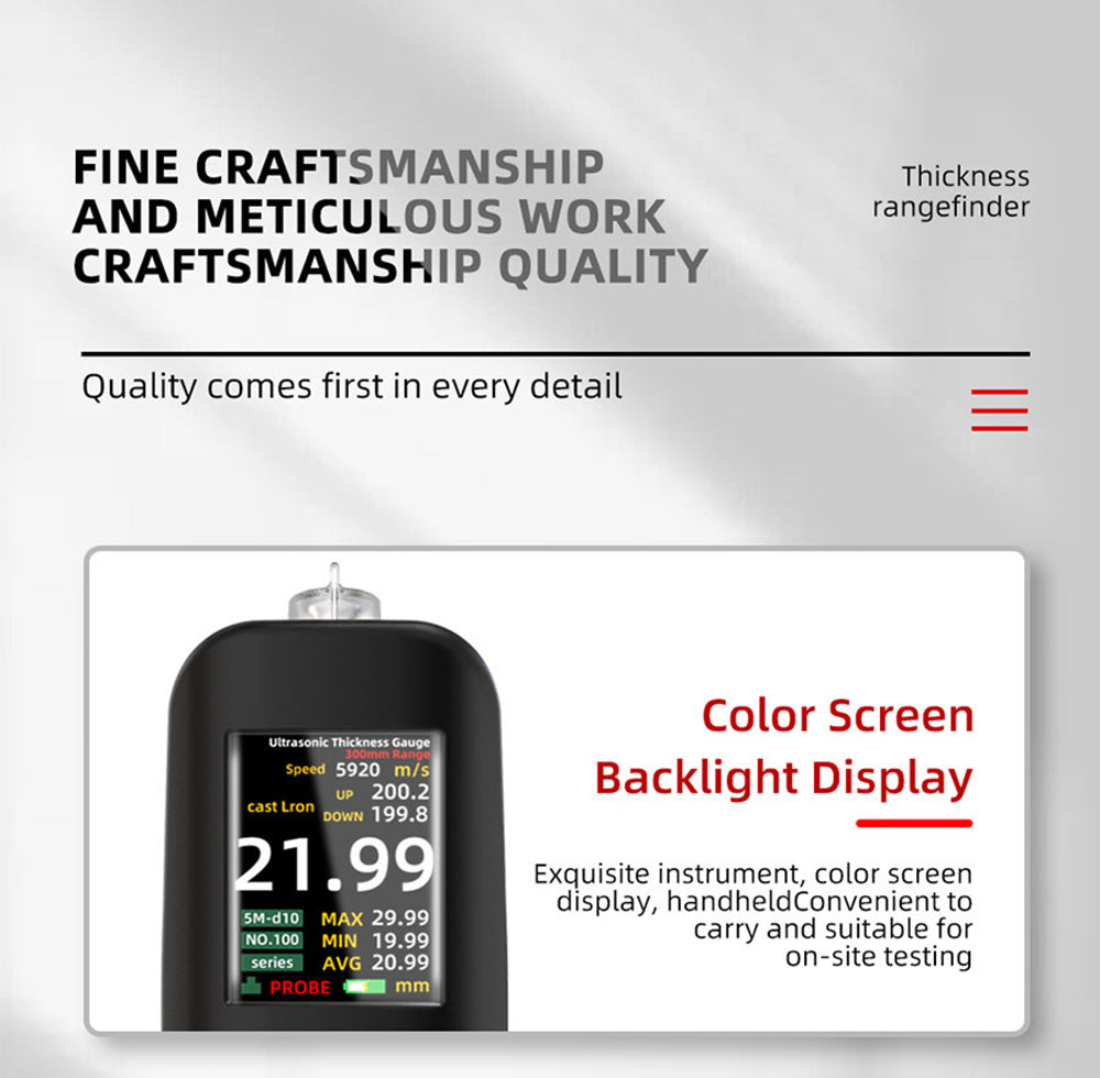 BSIDE T7 ultrazvukový hrúbkomer, rozsah merania 0,01-300 mm, 2,8" TFT farebný displej, s funkciou baterky, 2000 mA lítium-iónová batéria, šedá
