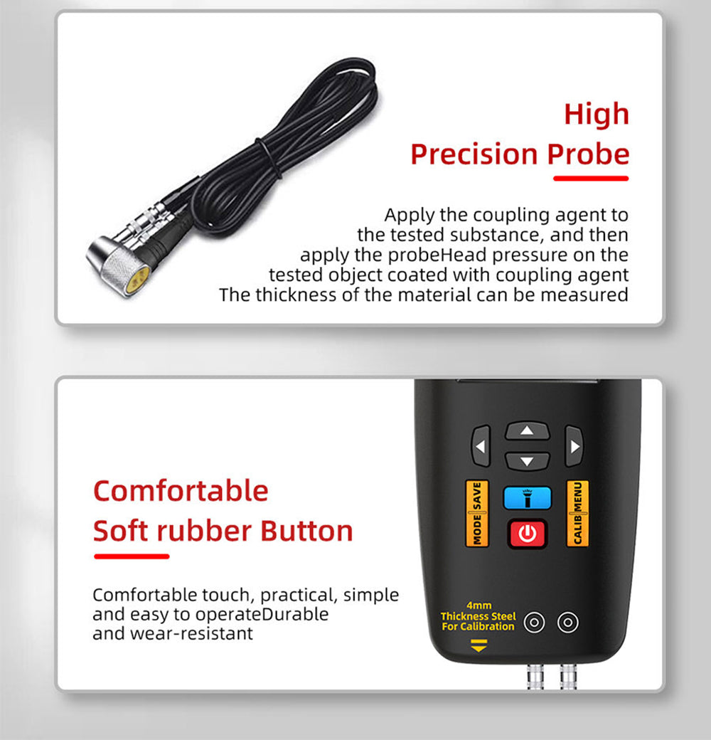 BSIDE T7 ultrazvukový hrúbkomer, rozsah merania 0,01-300 mm, 2,8" TFT farebný displej, s funkciou baterky, 2000 mA lítium-iónová batéria, šedá