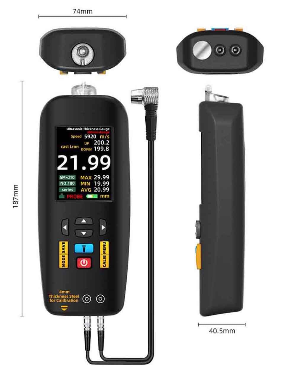 BSIDE T7 ultrazvukový hrúbkomer, rozsah merania 0,01-300 mm, 2,8" TFT farebný displej, s funkciou baterky, 2000 mA lítium-iónová batéria, šedá