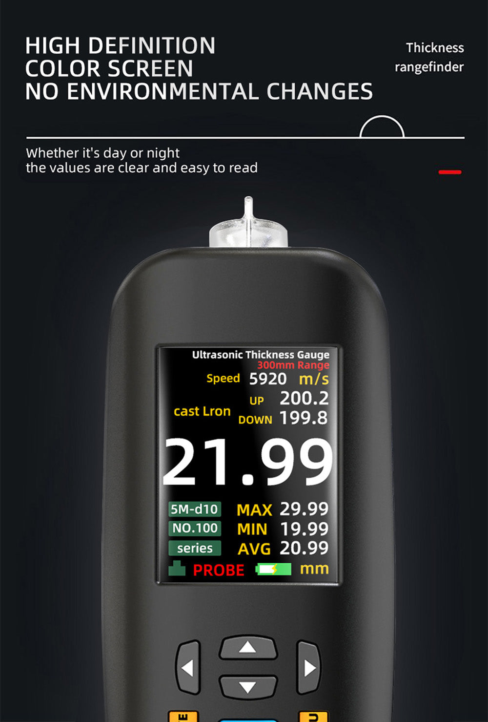 BSIDE T7 Ultrazvukový hrúbkomer, merací rozsah 0,01-300 mm, 2,8" TFT farebný displej, s funkciou baterky, 2000 mA lítium-iónová batéria, šedá