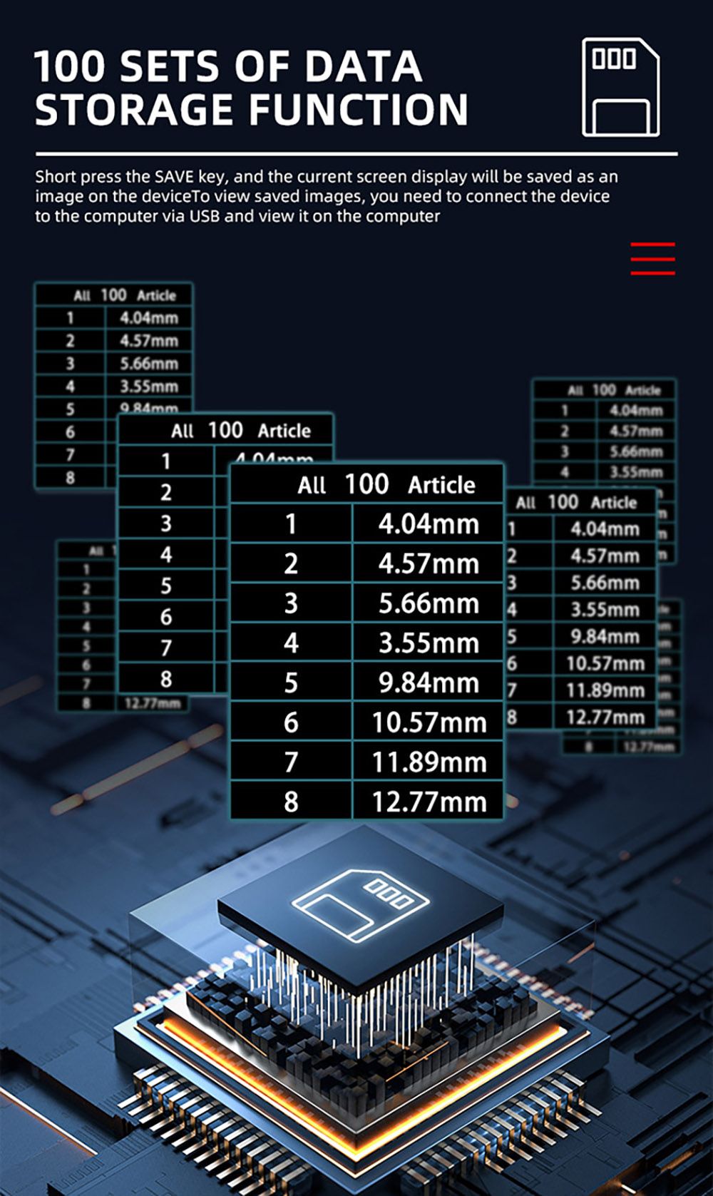 BSIDE T7 ultrazvukový hrúbkomer, rozsah merania 0,01-300 mm, 2,8" TFT farebný displej, s funkciou baterky, 2000 mA lítium-iónová batéria, šedá