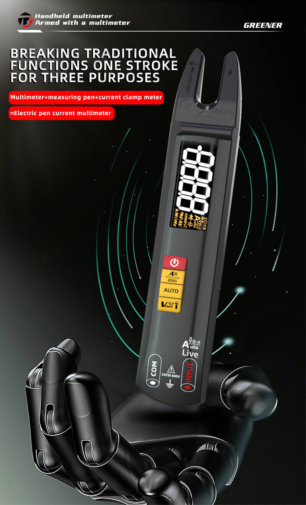 BSIDE U0 Digitálny striedavý multimeter, elektrická testovacia sonda, 6000 meraní, True RMS U-typ, farebný displej