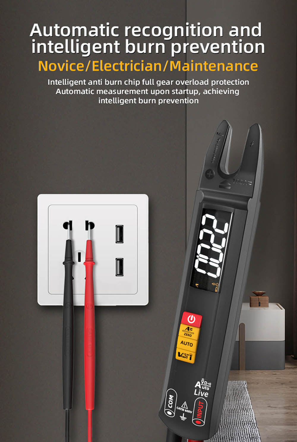 BSIDE U0 Digitálny striedavý multimeter, elektrická testovacia sonda, 6000 meraní, True RMS U-typ, farebný displej