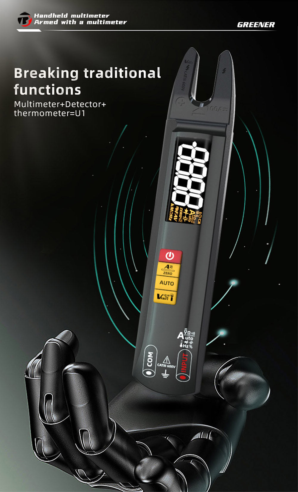 BSIDE U1 Digitálny striedavý a jednosmerný striedavý multimeter, elektrická testovacia pero, svietiaca LED baterka, kleštiny na meranie prúdu 100A, T-RMS prúd