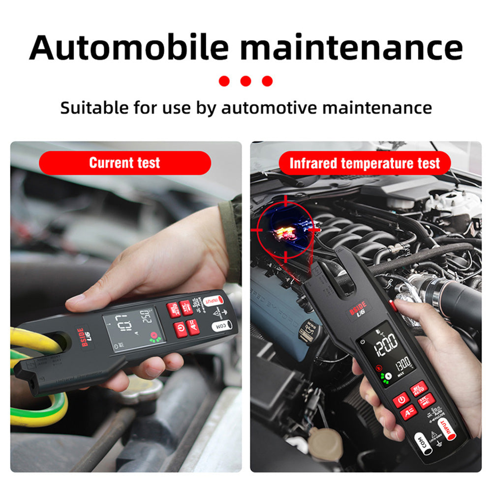 BSIDE U6X U-tvarovaný digitálny striedavý a jednosmerný multimeter s kleštinami, automatické meranie striedavého a jednosmerného prúdu, infračervená detekcia, farebný displej, dobíjateľná batéria, s držadlom na sondy.