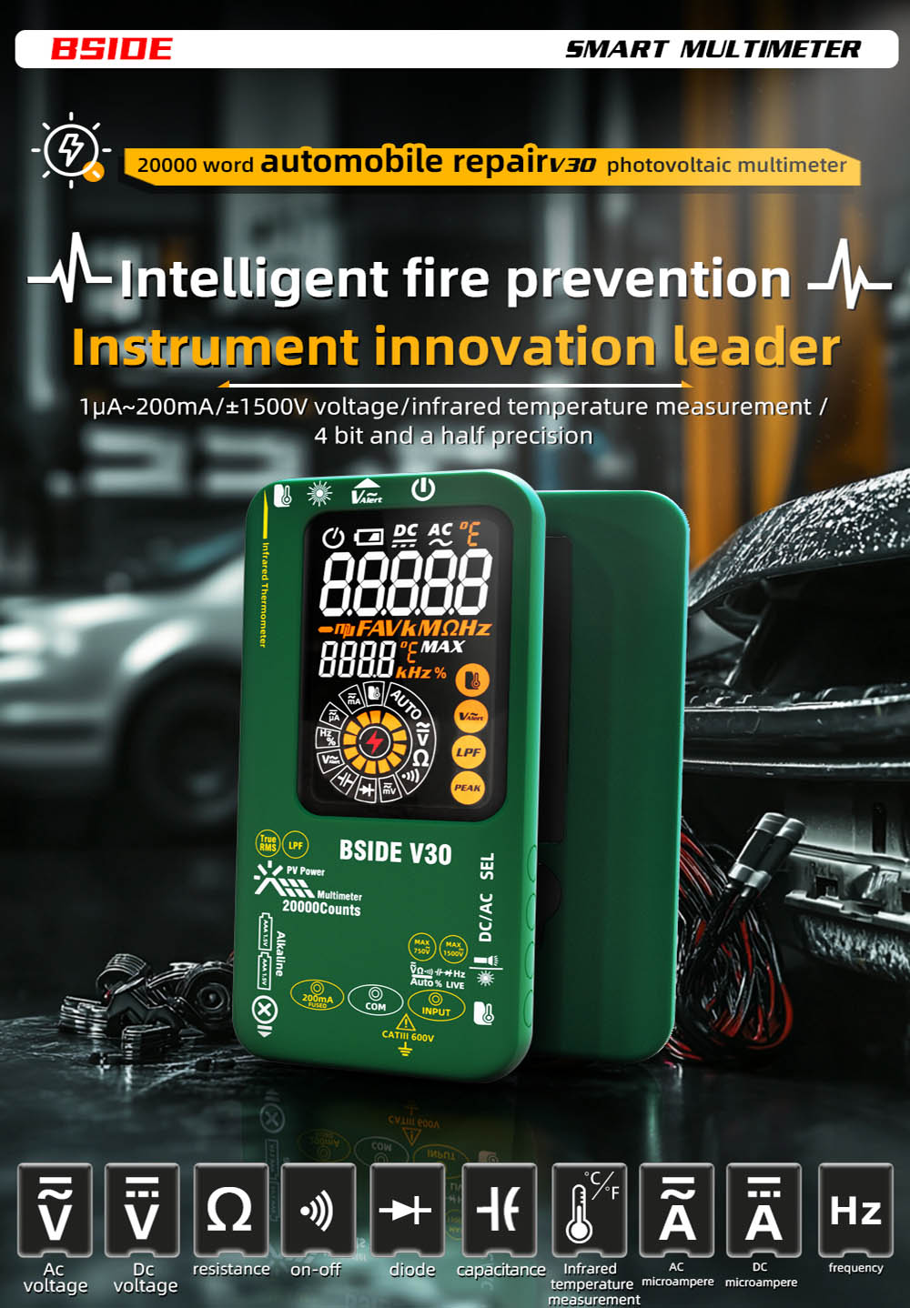 Fotovoltaický multimeter BSIDE V30, vysoké napětí 1500 V, T-RMS, 20000 čísel, LCD displej, elektronická údržba, test stejnosměrného proudu, měření infračervené teploty