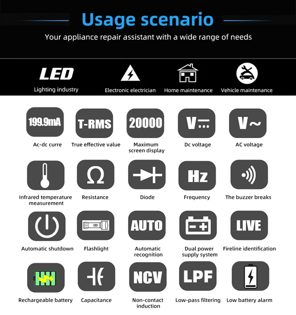 Fotovoltaický multimetr BSIDE V30, vysoké napětí 1500 V, T-RMS, 20000 čísel, LCD displej, elektronická údržba, test stejnosměrného proudu, měření infračervené teploty