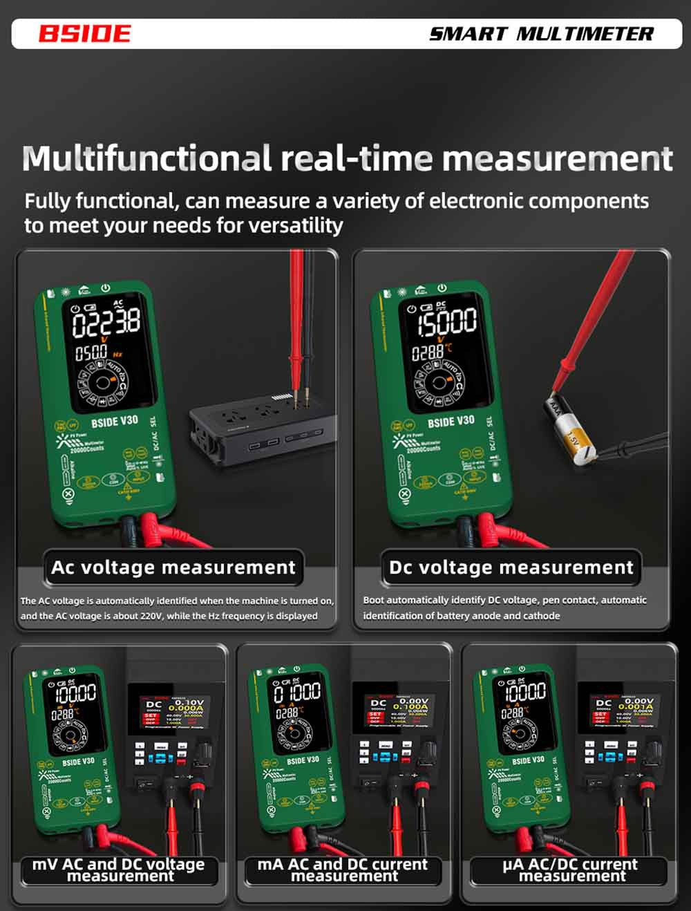 Fotovoltaický multimetr BSIDE V30, vysoké napětí 1500 V, T-RMS, 20000 čísel, LCD displej, elektronická údržba, test stejnosměrného proudu, měření infračervené teploty
