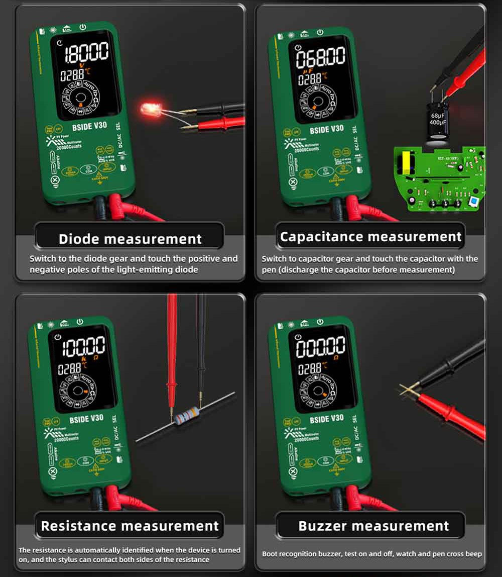 Fotovoltaický multimetr BSIDE V30, vysoké napětí 1500 V, T-RMS, 20000 čísel, LCD displej, elektronická údržba, test stejnosměrného proudu, měření infračervené teploty