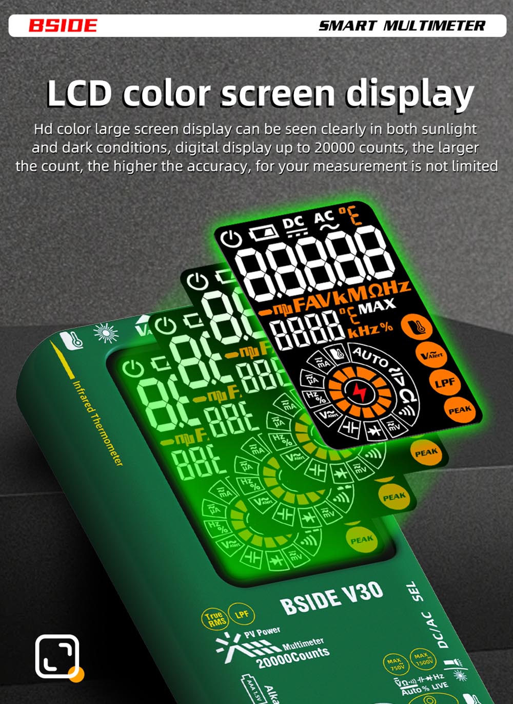 Fotovoltaický multimetr BSIDE V30, vysoké napětí 1500 V, T-RMS, 20000 čísel, LCD displej, elektronická údržba, test stejnosměrného proudu, měření infračervené teploty