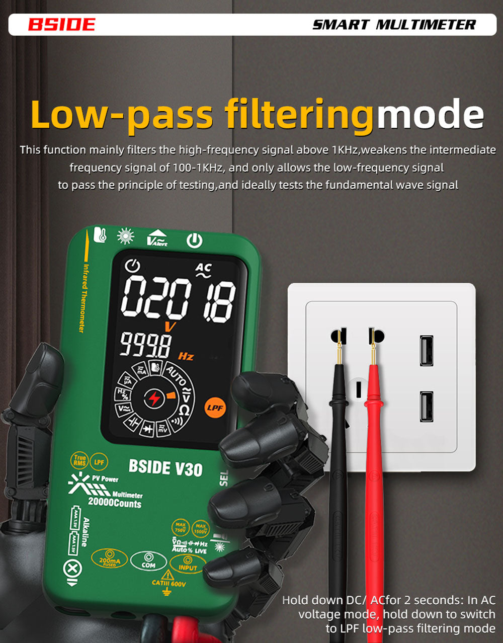 Fotovoltaický multimeter BSIDE V30, vysoké napětí 1500 V, T-RMS, 20000 čísel, LCD displej, elektronická údržba, test stejnosměrného proudu, měření infračervené teploty