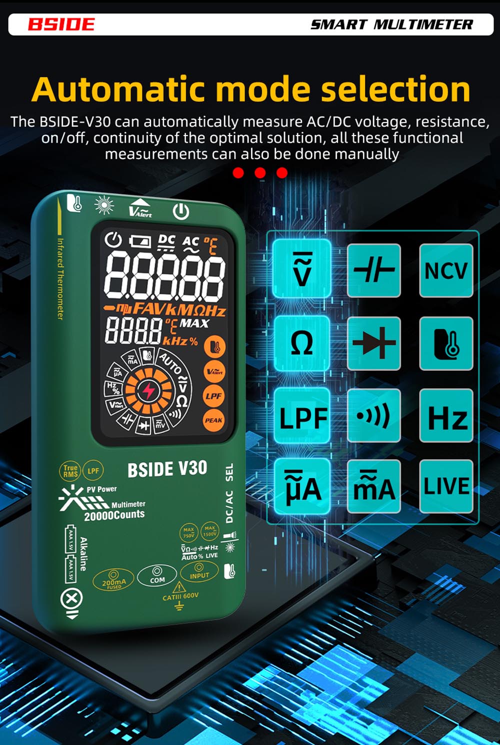 Fotovoltaický multimeter BSIDE V30, vysoké napětí 1500 V, T-RMS, 20000 čísel, LCD displej, elektronická údržba, test stejnosměrného proudu, měření infračervené teploty