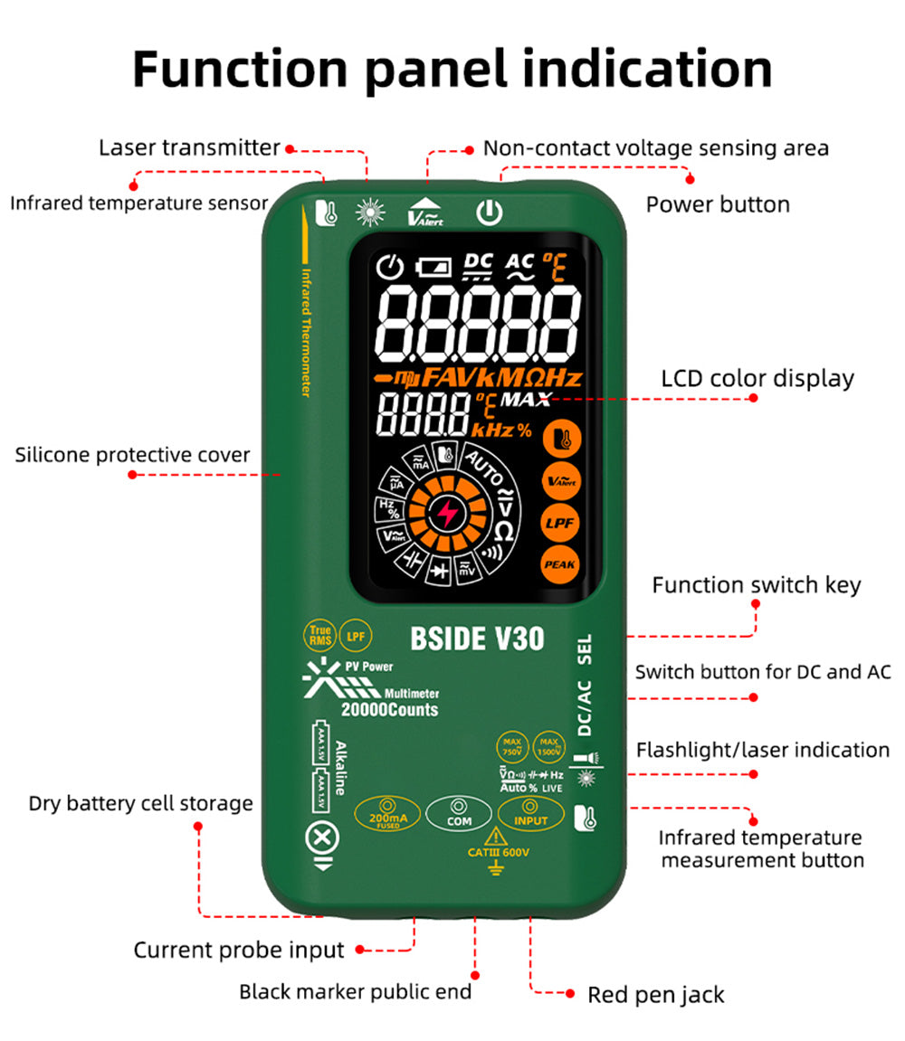 Fotovoltaický multimeter BSIDE V30, vysoké napětí 1500 V, T-RMS, 20000 čísel, LCD displej, elektronická údržba, test stejnosměrného proudu, měření infračervené teploty