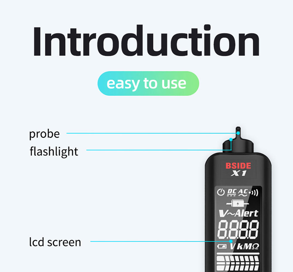 Inteligentný detektor napätia BSIDE X1, multimeter, elektrická pero, kontrola prerušení, veľký LCD displej, svietilna, merač napätia, frekvencie a odporu, bez batérií.