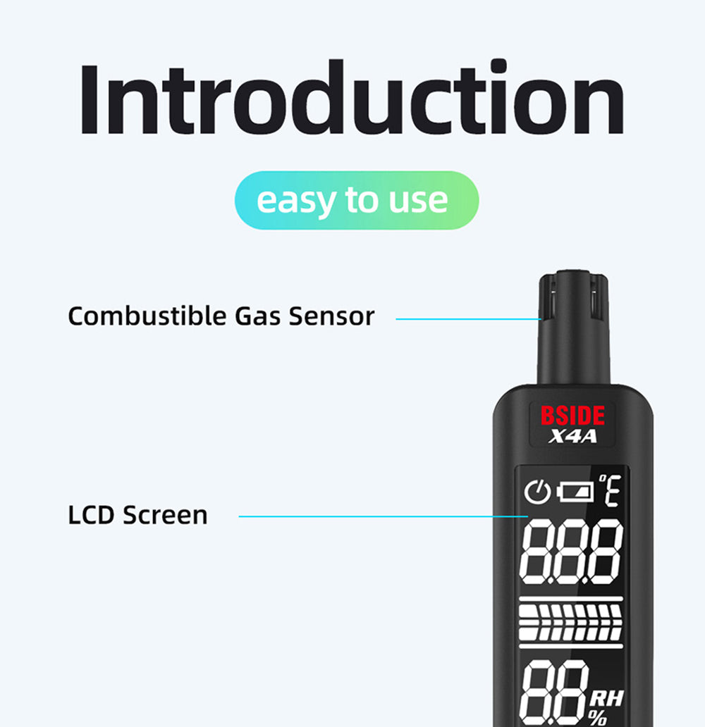 Digitálny hygrometer a detektor plynov BSIDE X4A, analyzátor hojivých plynov, teplomer a vlhkoměr, s akustickým a vizuálnym alarmom, LCD displejom, bez batérií, s taškou