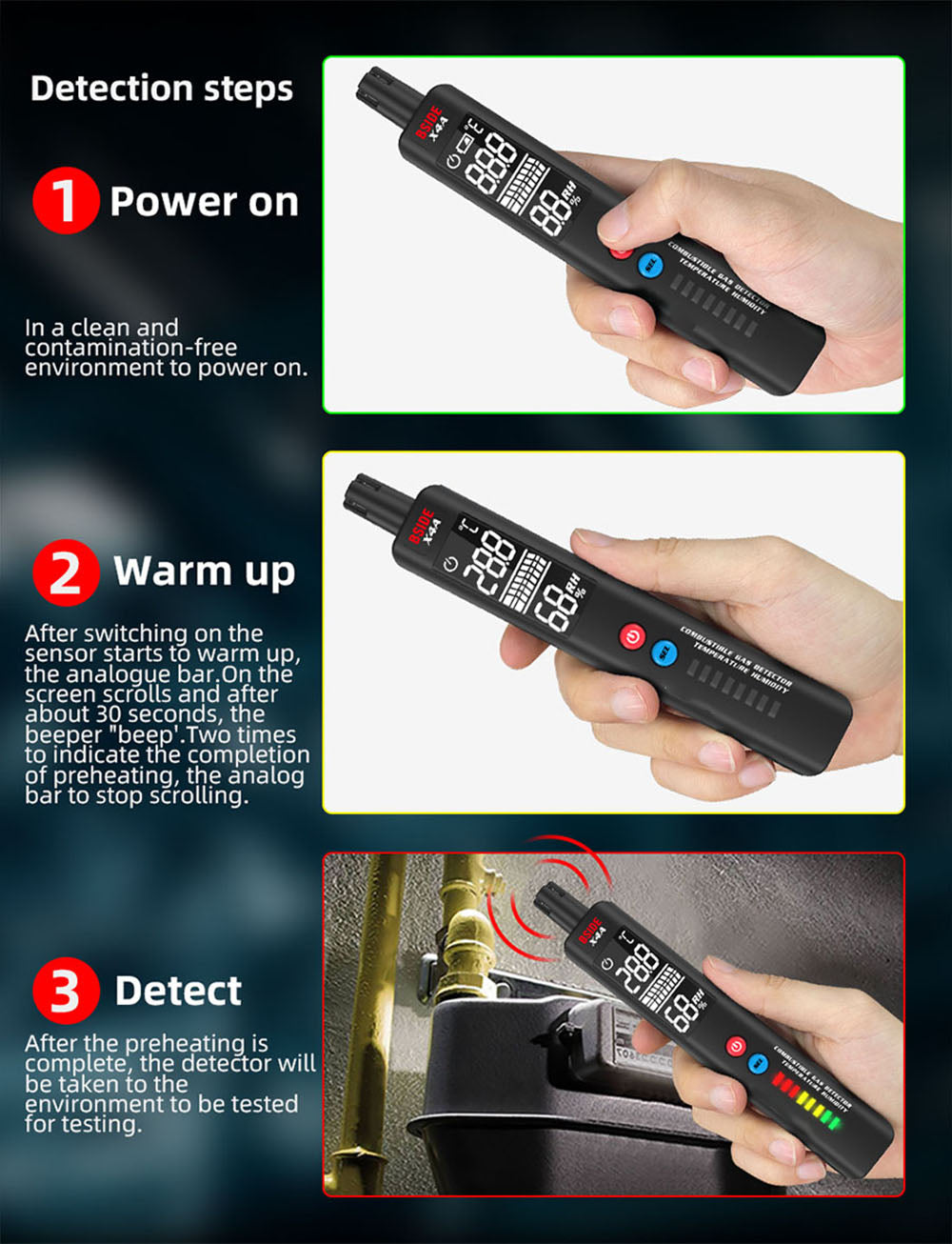 Digitálny hygrometer a detektor plynov BSIDE X4A, analyzátor hojivých plynov, teplomer a vlhkoměr, s akustickým a vizuálnym alarmom, LCD displejom, bez batérií, s taškou