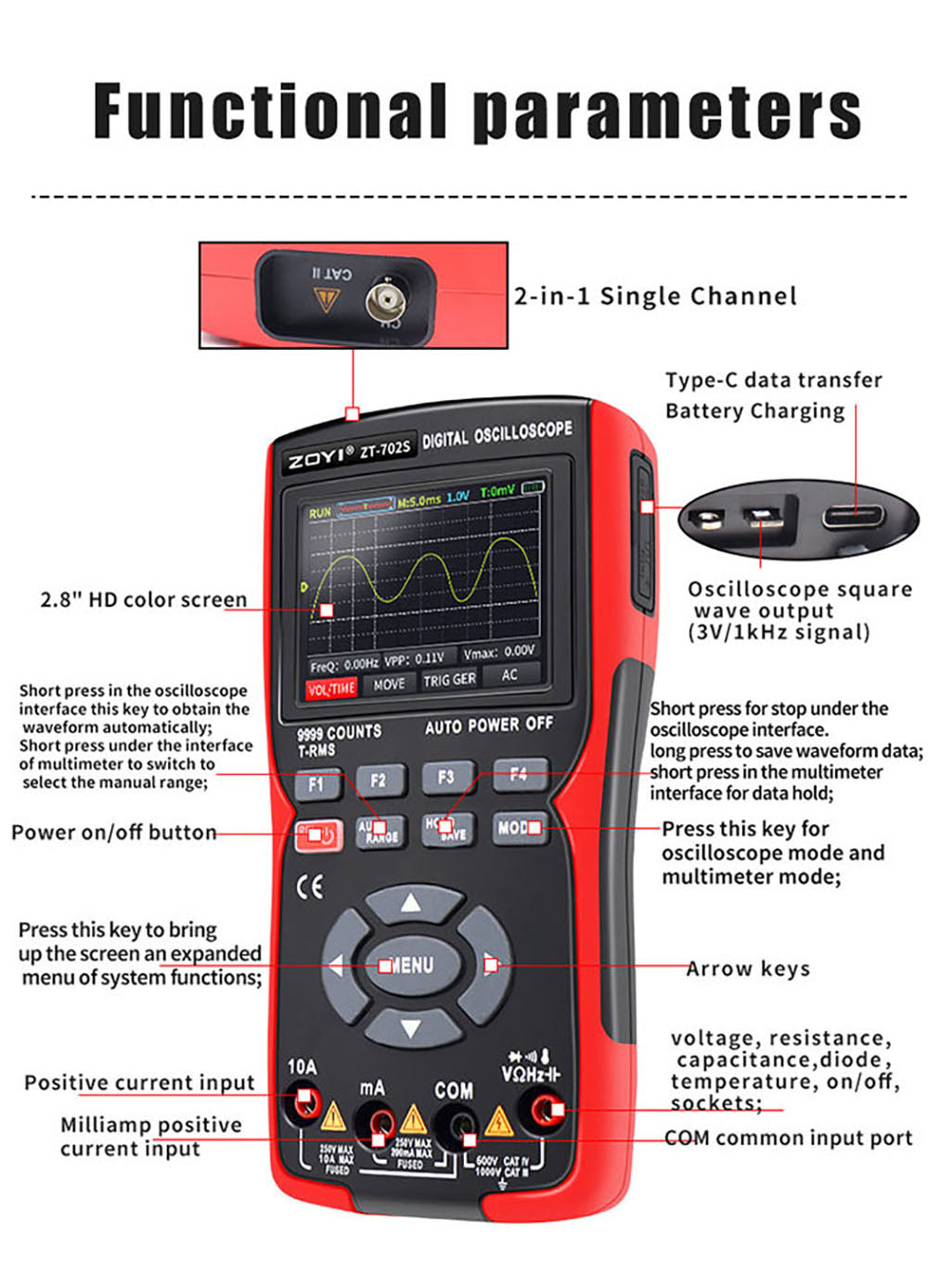 Digitálny multimeter BSIDE ZT702S, osciloskop, automatické meranie True RMS, merač tranzistorových sond, 48M/s 10MHz PC vlnový tvar, 2,8" LCD obrazovka