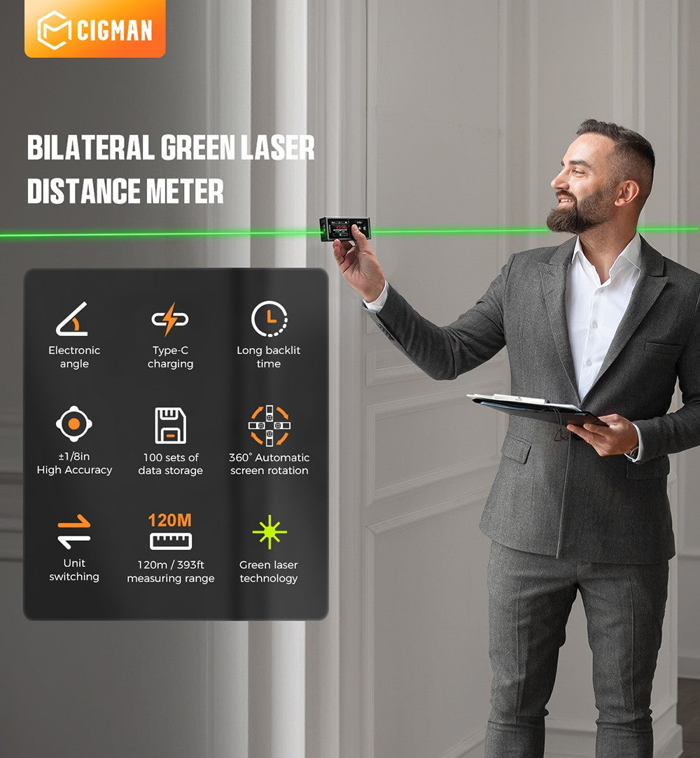 CIGMAN CD-60G 393ft/120M obojstranný zelený laserový meter, s viacerými jednotkami Ft/in/M, dobíjací akumulátor 850mAh