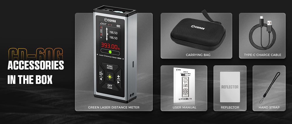 CIGMAN CD-60G 393ft/120M obojstranný zelený laserový meter, s viacerými jednotkami Ft/in/M, dobíjací akumulátor 850mAh