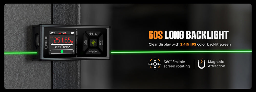 CIGMAN CD-60G 393ft/120M obojstranný zelený laserový meter, s viacerými jednotkami Ft/in/M, dobíjací akumulátor 850mAh