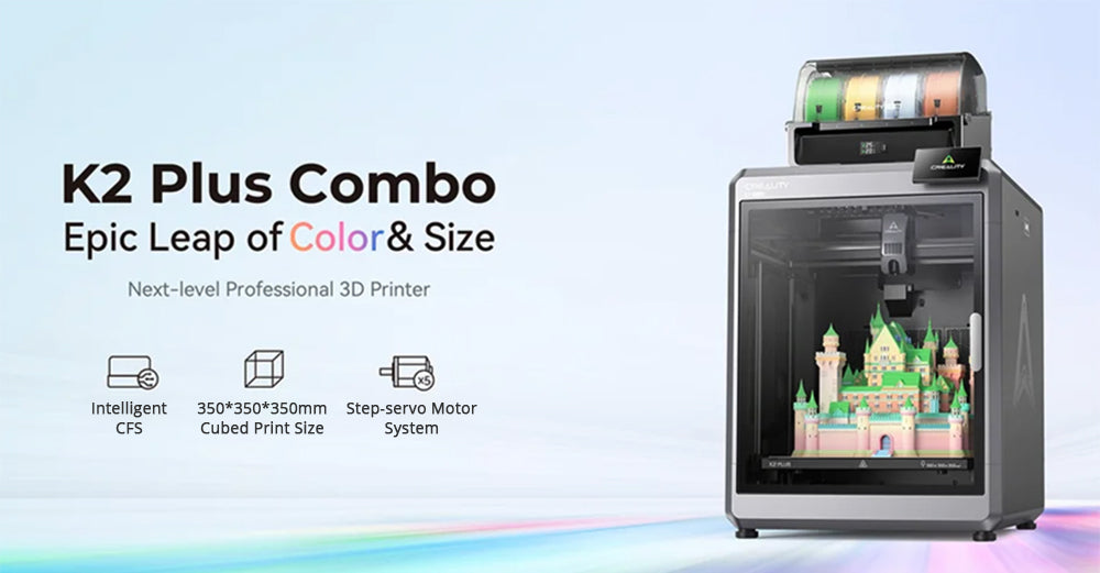 3D tlačiareň Creality K2 Plus Combo s CFS, 600 mm/s, tlač vo viacerých farbách, extrudér Apus, detekcia náklonu, FOC servomotory s uzavretou slučkou, aktívny vyhrievací systém komory, 350x350x350 mm