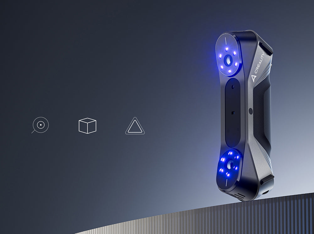 3D skener Creality Raptor, hybridný modrý laser NIR, skenovacia rychlost 60 snímkov za sekundu, objekty o velkosti 5-2000 mm, 24-bitové plnobarvné skenovanie, presnost 0,02 mm, protisunutie