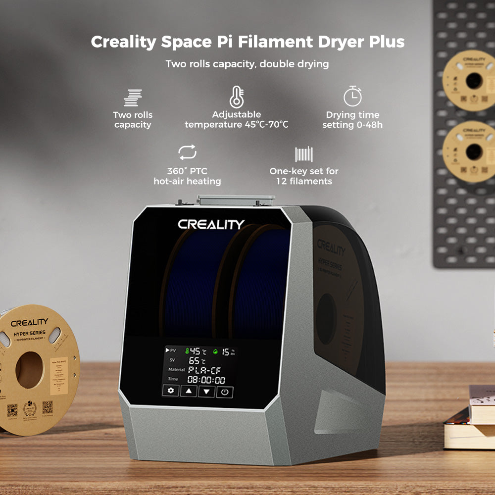 Sušička filamentu Creality Space Pi Plus pre 3D tlačiarne, kapacita 2 cievky, PTC 360 stupňové tepelné ohrevné teleso, 48hodinový časovač, dotyková LCD obrazovka