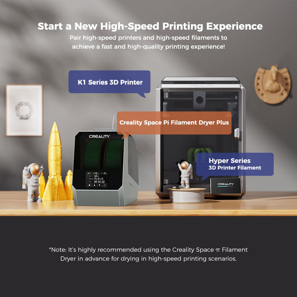 Sušička filamentu Creality Space Pi Plus pre 3D tlačiarne, kapacita 2 cievky, PTC 360 stupňové tepelné ohrevné teleso, 48hodinový časovač, dotyková LCD obrazovka