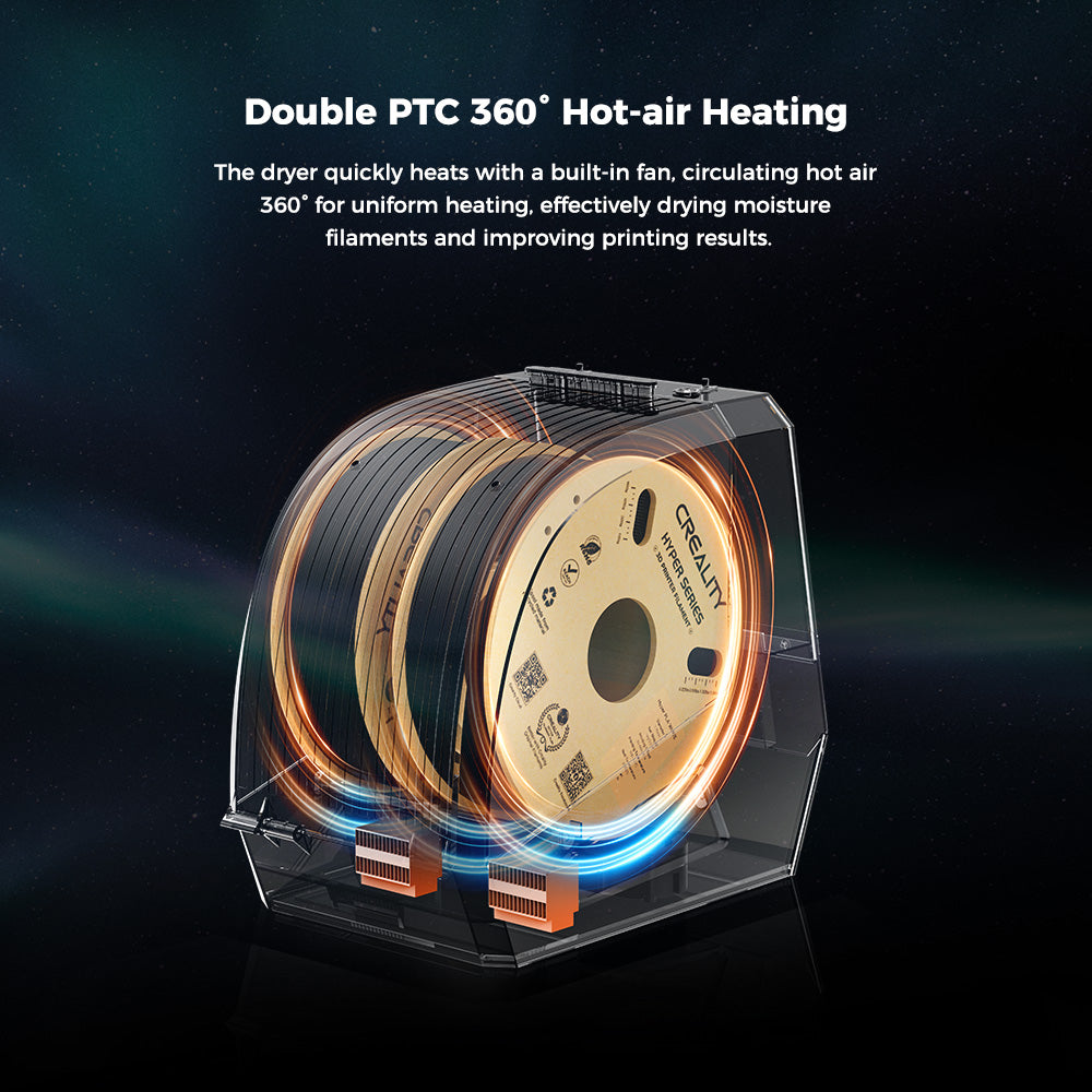 Sušička filamentu Creality Space Pi Plus pre 3D tlačiarne, kapacita 2 cievky, PTC 360 stupňové tepelné ohrevné teleso, 48hodinový časovač, dotyková LCD obrazovka