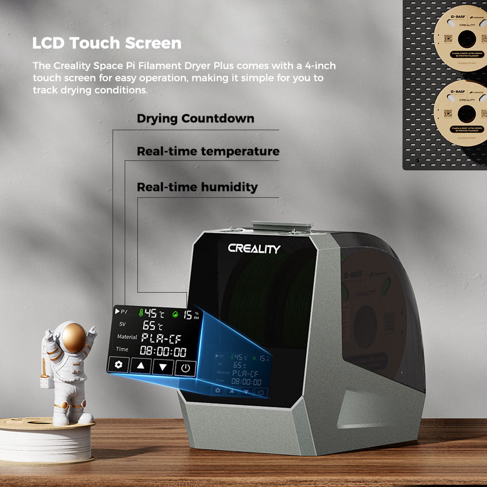 Sušička filamentu Creality Space Pi Plus pre 3D tlačiarne, kapacita 2 cievky, PTC 360 stupňové tepelné ohrevné teleso, 48hodinový časovač, dotyková LCD obrazovka