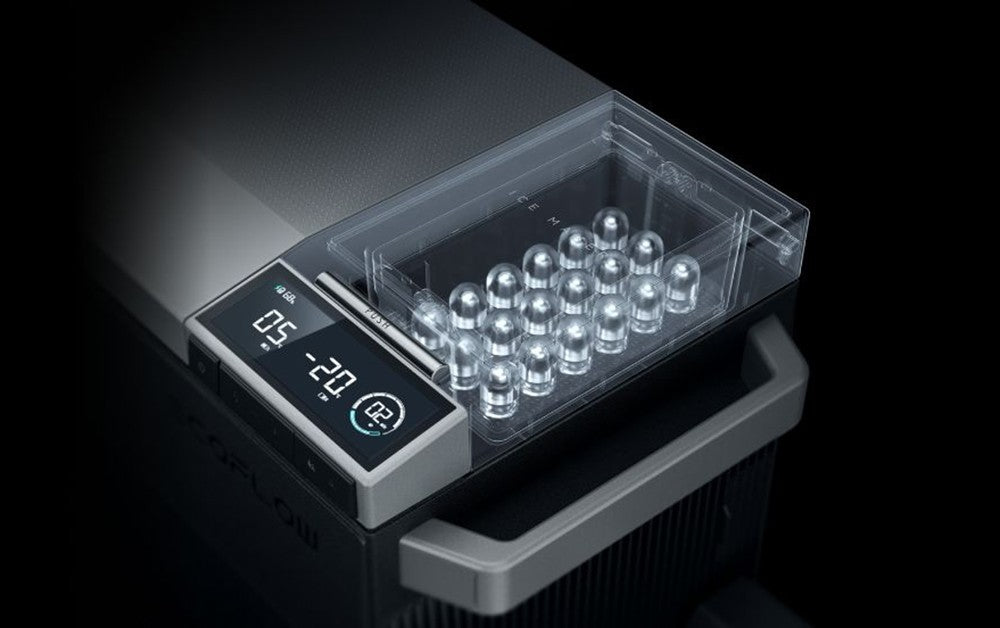 Prenosná chladnička EcoFlow GLACIER, 120W kompresor, dvojzónová, dvojitá regulácia, 38L vysoká kapacita, ovládanie cez inteligentnú aplikáciu.