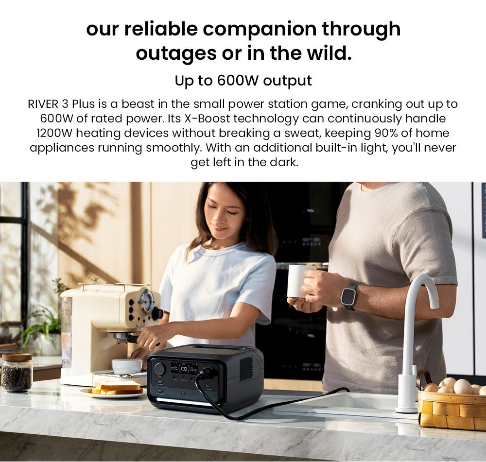 Prenosná elektráreň EcoFlow RIVER 3 Plus, 286Wh LiFePO4 batéria, 600W až 1200W AC výstup, 7 zásuviek, UPS <10ms a hluk <30dB, rozširuje sa na 858Wh, ovládanie cez aplikáciu, 1hodinové rýchlonabíjanie, solárny generátor pre vonkajšie kempovanie/karavány/domácnosť.