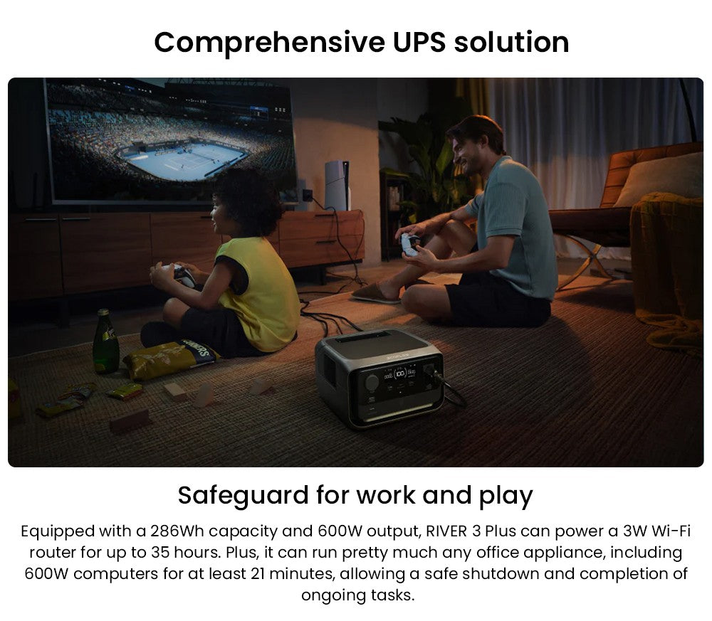 Prenosná elektráreň EcoFlow RIVER 3 Plus, 286Wh LiFePO4 batéria, 600W až 1200W AC výstup, 7 zásuviek, UPS <10ms a hluk <30dB, rozširuje sa na 858Wh, ovládanie cez aplikáciu, 1hodinové rýchlonabíjanie, solárny generátor pre vonkajšie kempovanie/karavány/domácnosť.